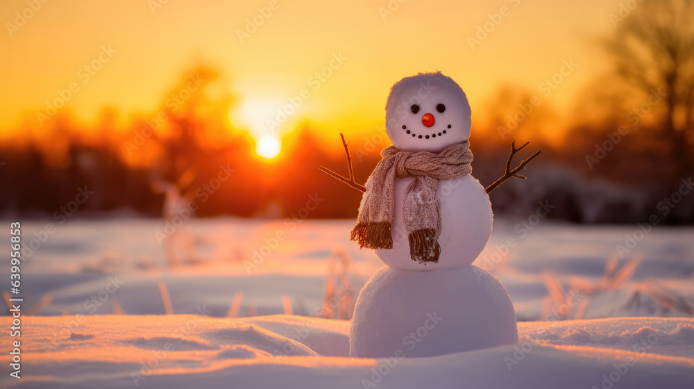 Snowman on orange sunset background