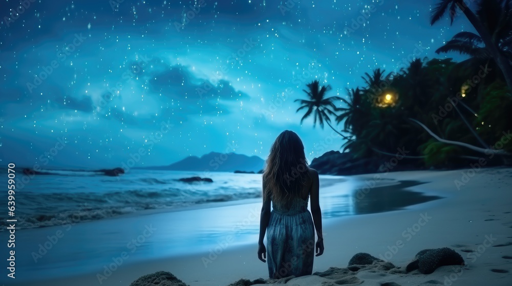 The girl sits near the sea in the night