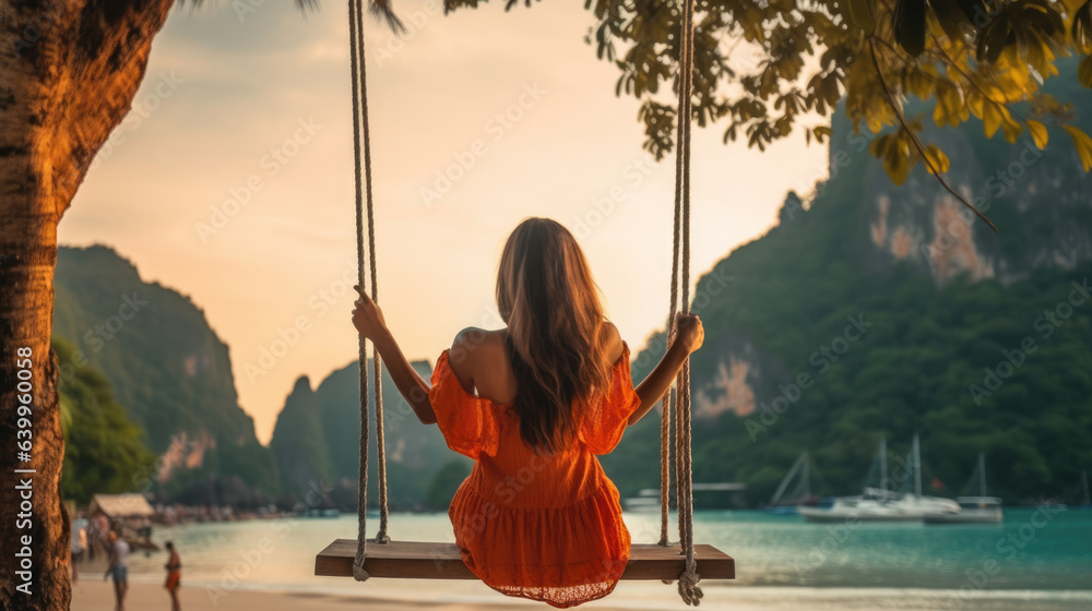 Traveler woman relaxing on swing above Andaman sea Railay beach Krabi, Leisure tourist travel Phuket