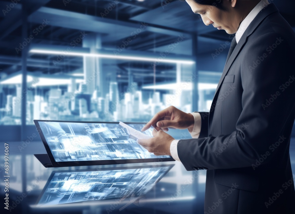 businessman touching down a graph on a flat screen