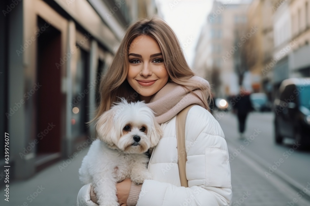 Girl in a white jacket walking down the street with a dog in her arms