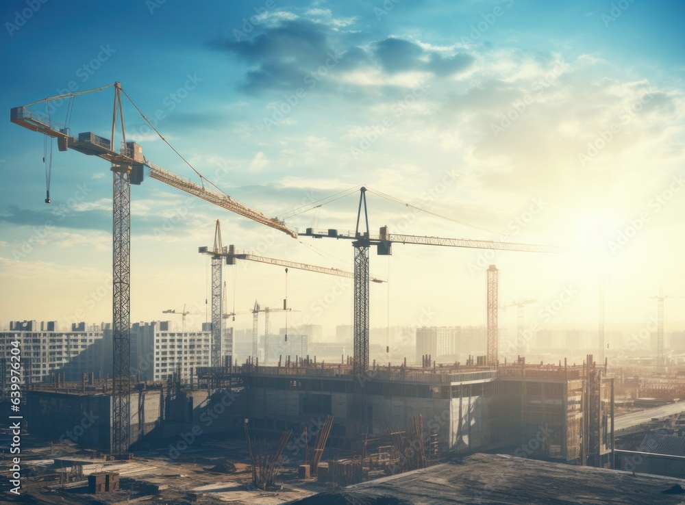 Construction site with cranes on top of buildings