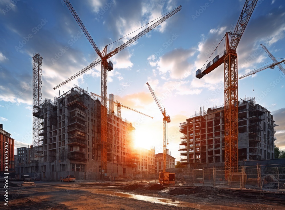 Construction site with cranes on top of buildings