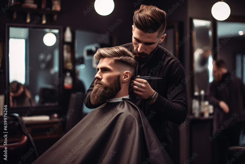 A hairdresser with a beard in a black coat cuts a clients hair