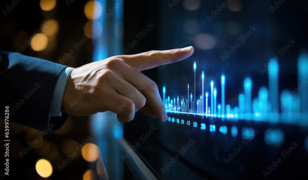 businessman touching down a graph on a flat screen