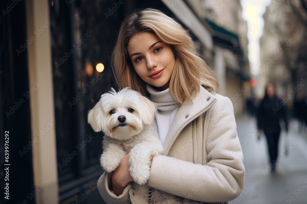 Girl in a white jacket walking down the street with a dog in her arms