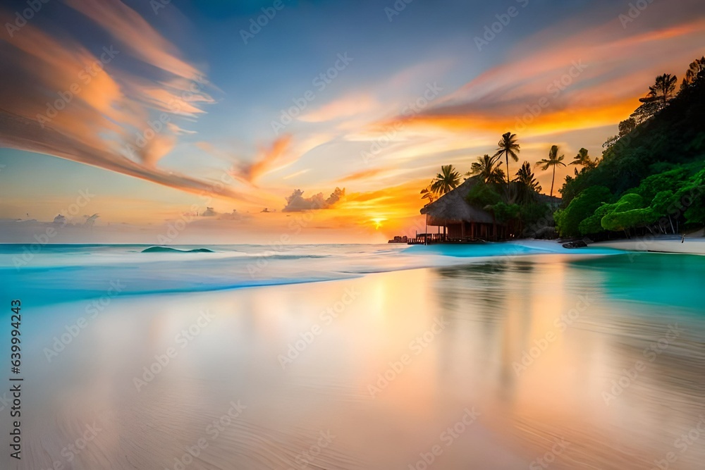 a tranquil coastal scene, where the vibrant colors of the coral reefs in the shallows provide a stun