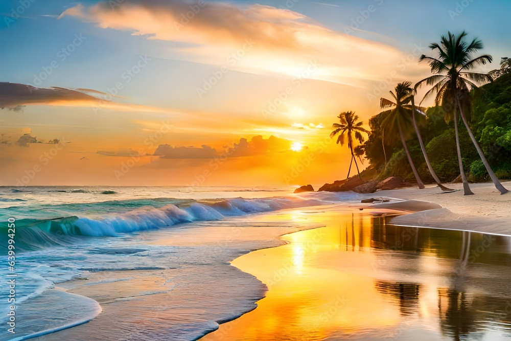 a tranquil coastal scene, where the vibrant colors of the coral reefs in the shallows provide a stun