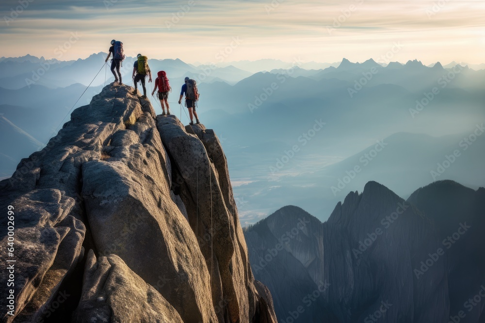 A team of climbers at the top of a high mountain in the light of the setting sun.