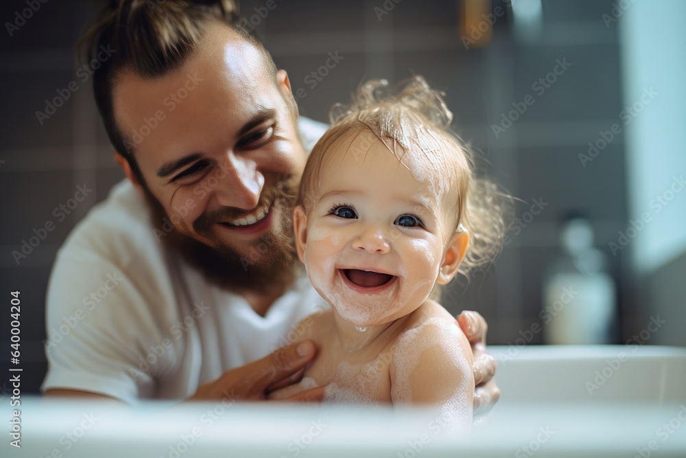 Tender moments in the bath: Fathers love and care. Generative AI