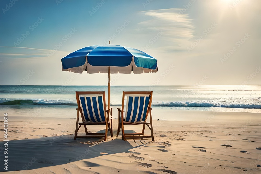 Chairs and umbrella on the beach on island vacation, Beach summer relax in the sun. 