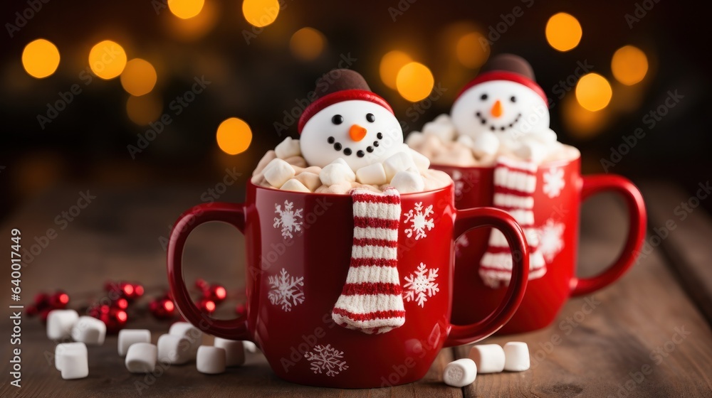 A christmas mug of hot chocolate with little snowman shaped marshmallows