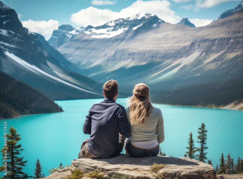 Couples looking at a lake in the mountains