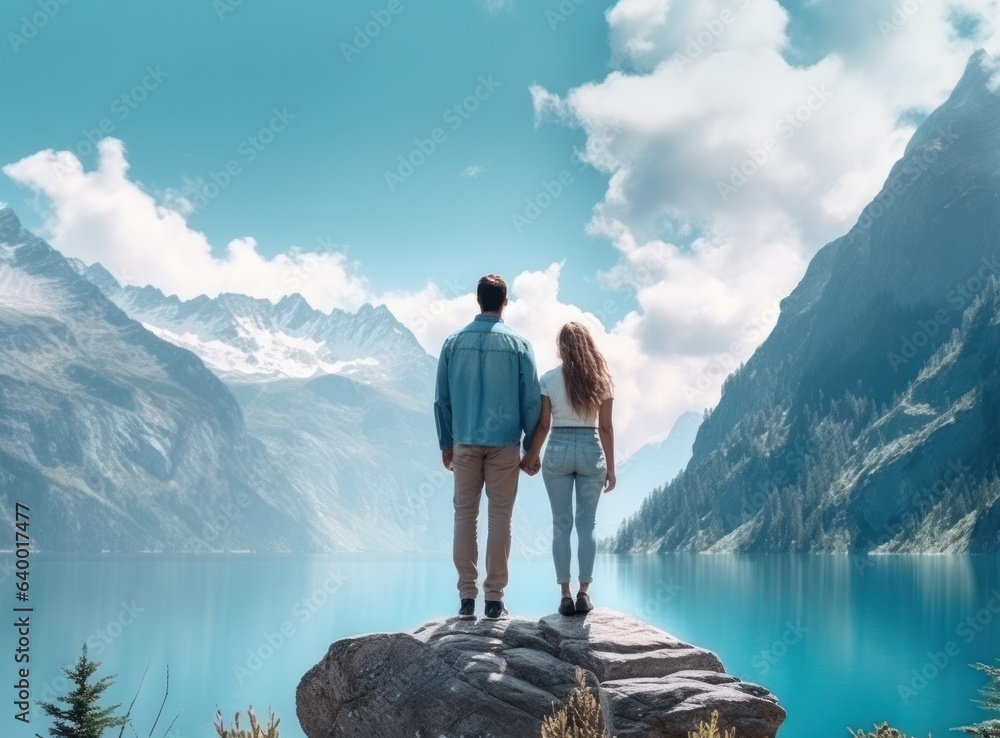 Couples looking at a lake in the mountains