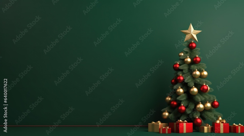 Green wallpaper with Christmas tree