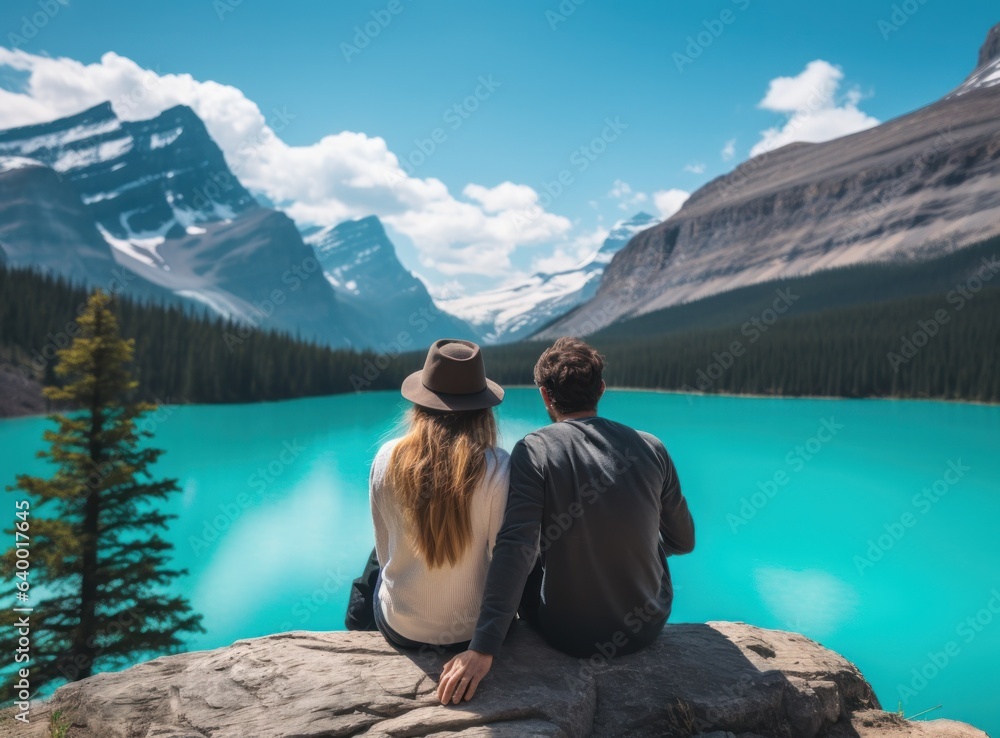 Couples looking at a lake in the mountains