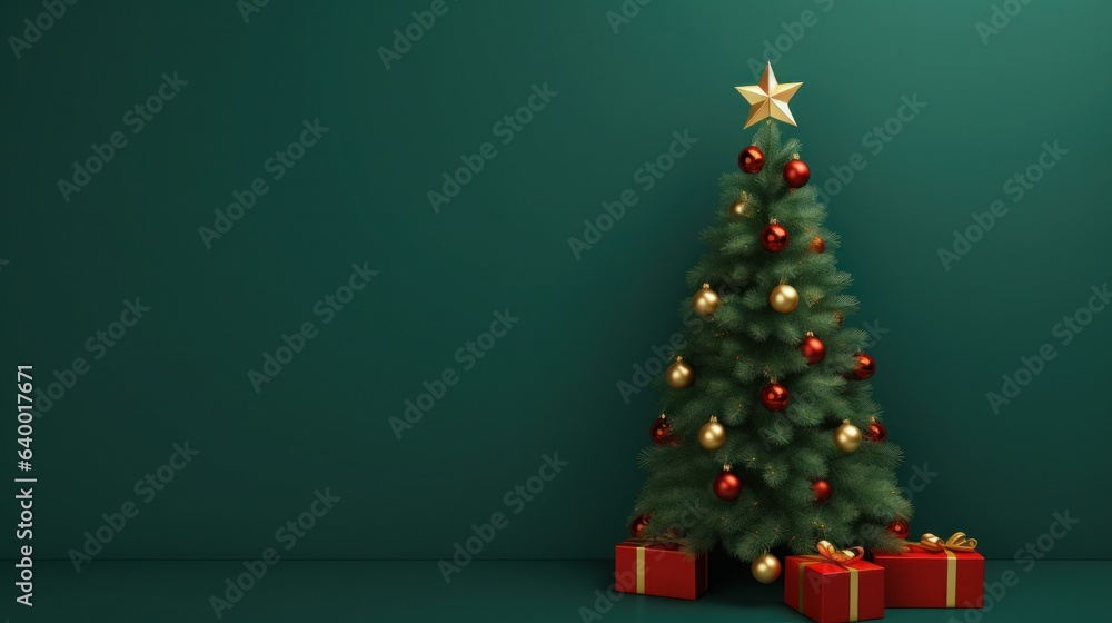 Green wallpaper with Christmas tree