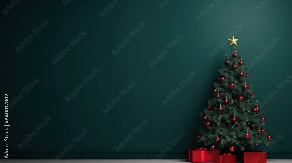 Green wallpaper with Christmas tree