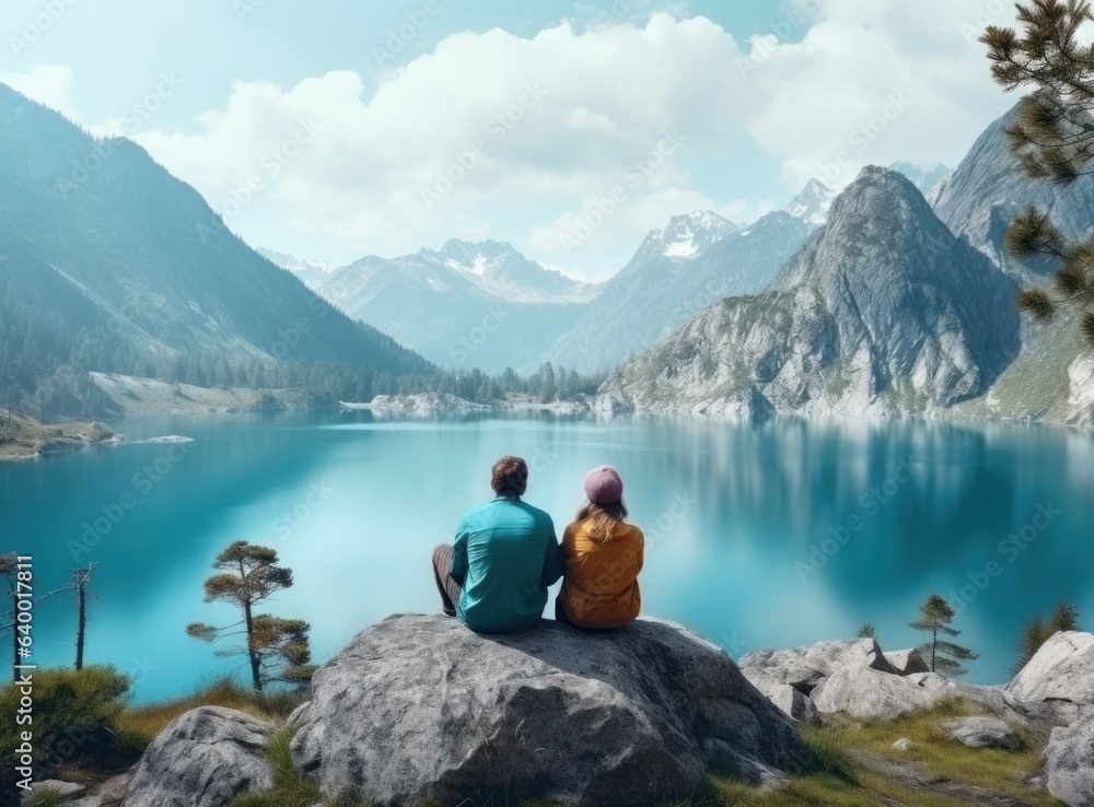 Couples looking at a lake in the mountains