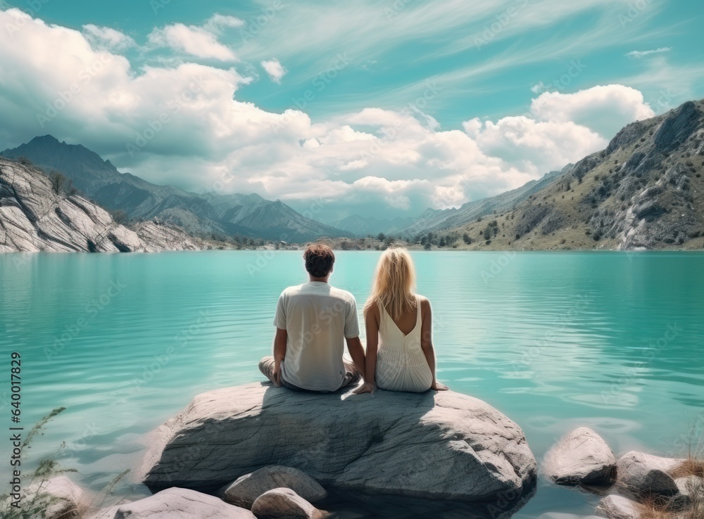 Couples looking at a lake in the mountains