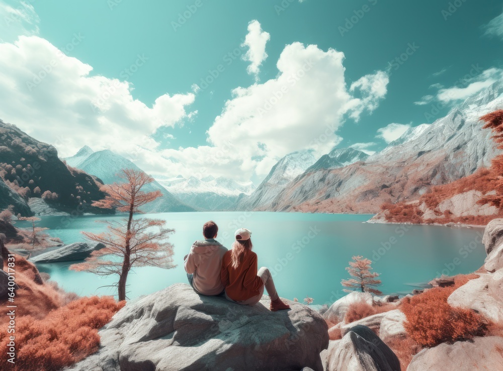 Couples looking at a lake in the mountains