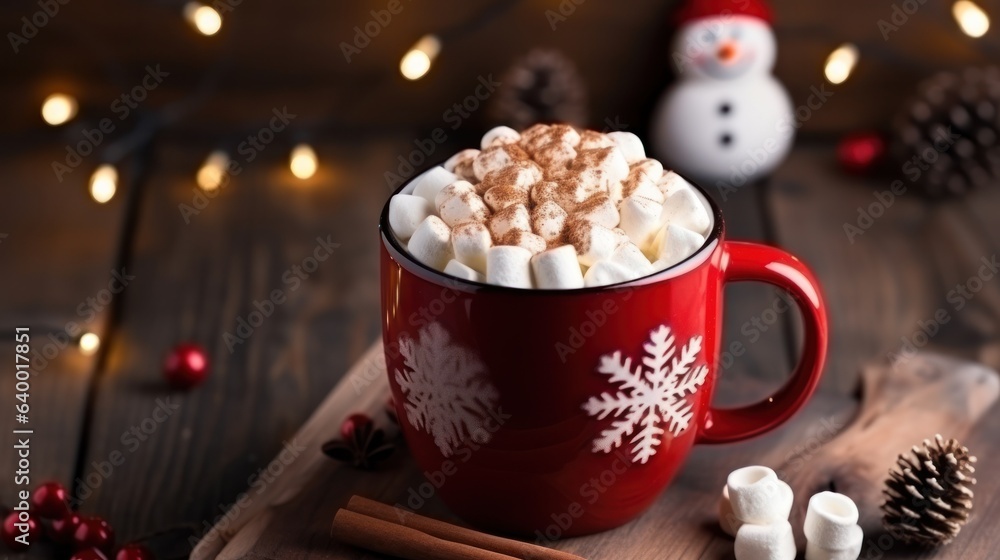 A christmas mug of hot chocolate with little snowman shaped marshmallows