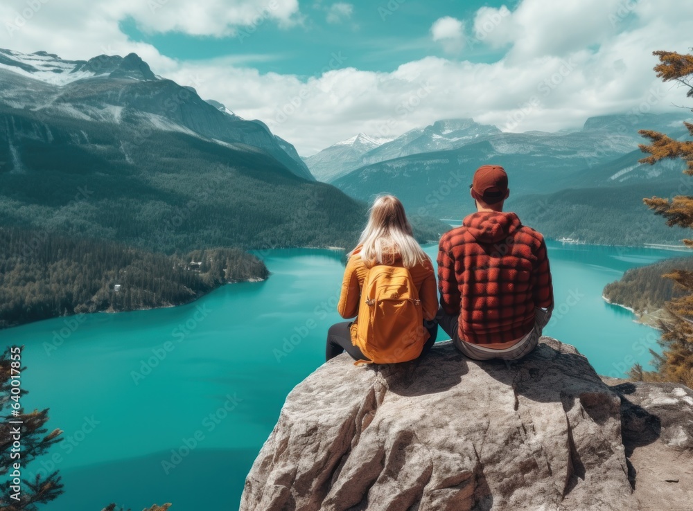 Couples looking at a lake in the mountains