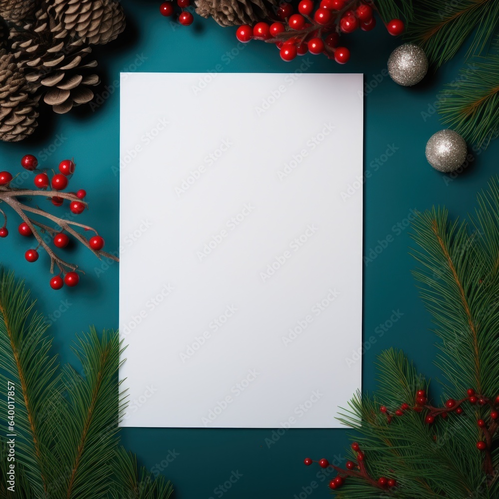  White paper on christmas background covered by fir branches with red