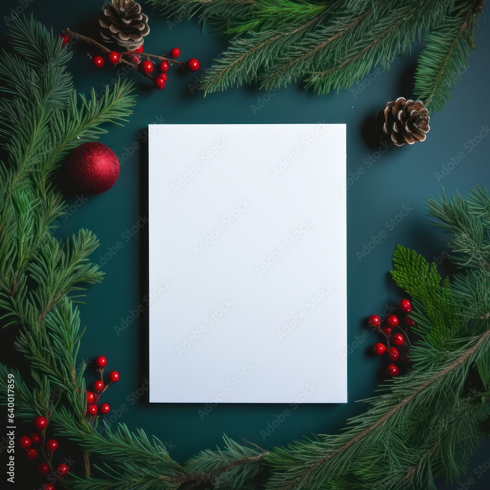  White paper on christmas background covered by fir branches with red