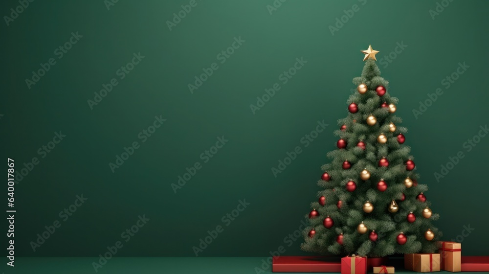 Green wallpaper with Christmas tree