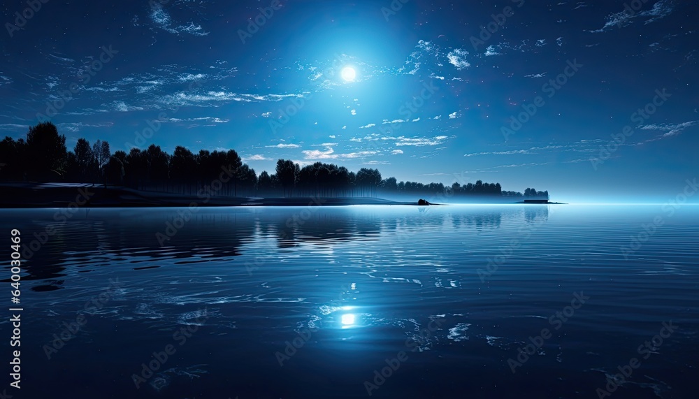 Night sky with full moon over water.