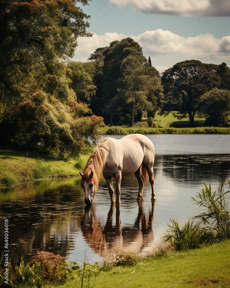 Horse in nature on river drinks water