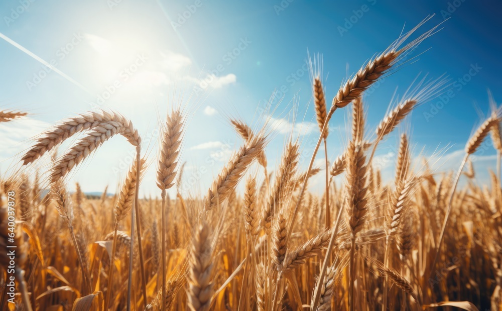 Yellow agricultural field with ripe wheat against the blue sky. ears of wheat close-up