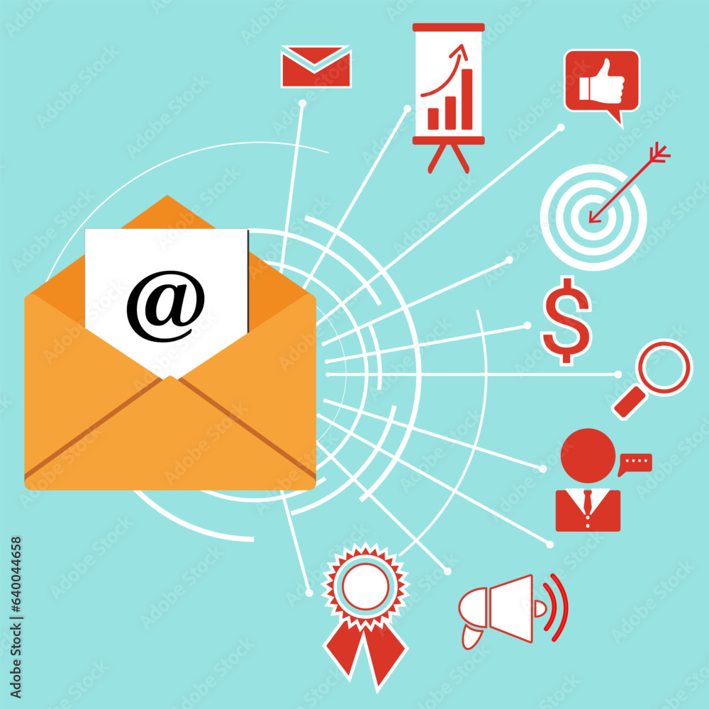 Email marketing. Scheme of envelope with address sign and Icons on light blue background, vector ill