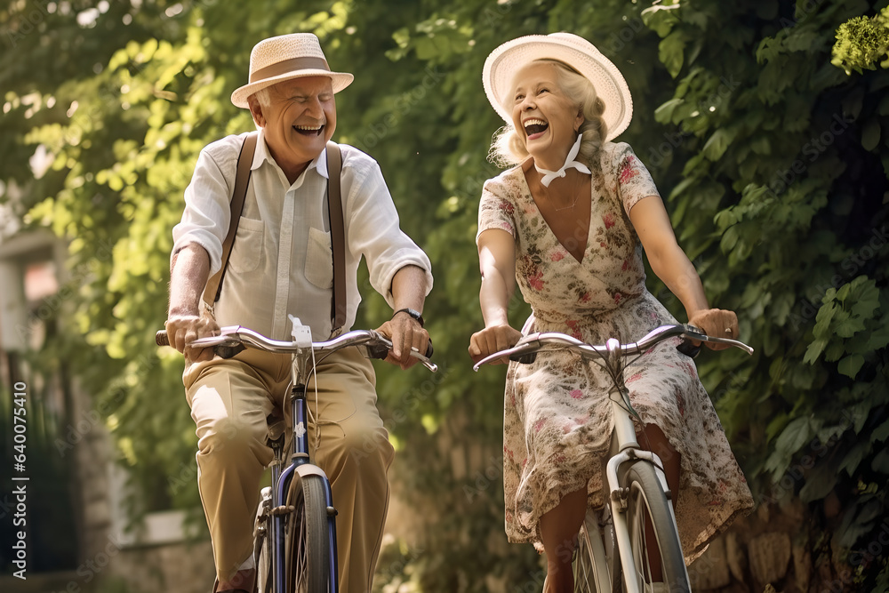 Happy active senior couple with bicycles in park together, cheerful mature couple with bicycles laug