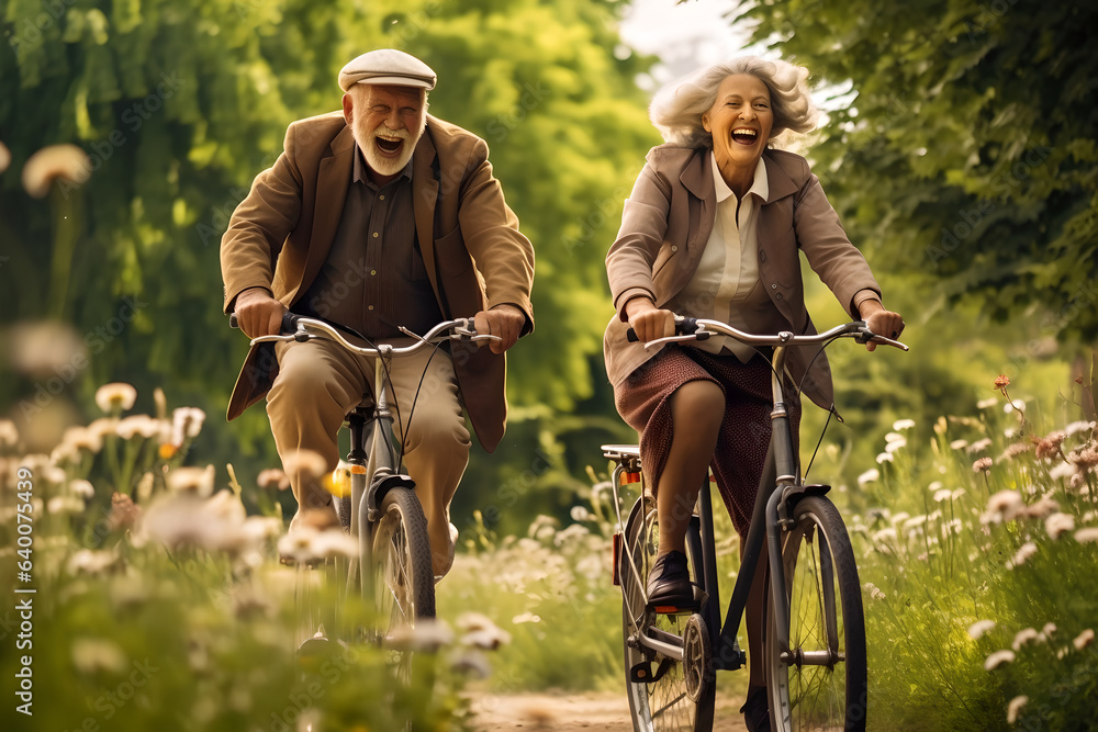 Happy active senior couple with bicycles in park together, cheerful mature couple with bicycles laug