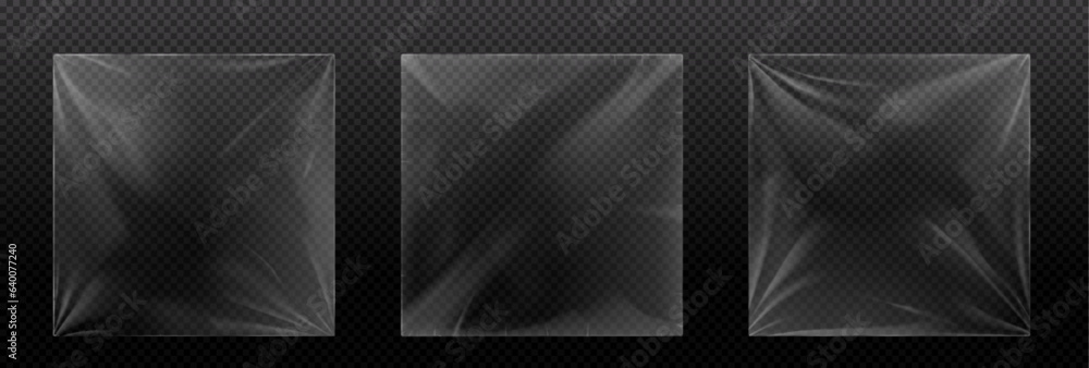 Vinyl cover with shrink effect - realistic transparent plastic package. Vector illustration set - ov