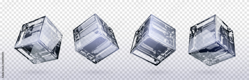 3d glass cube box vector isolated on transparent background. Crear black and white realistic geometr