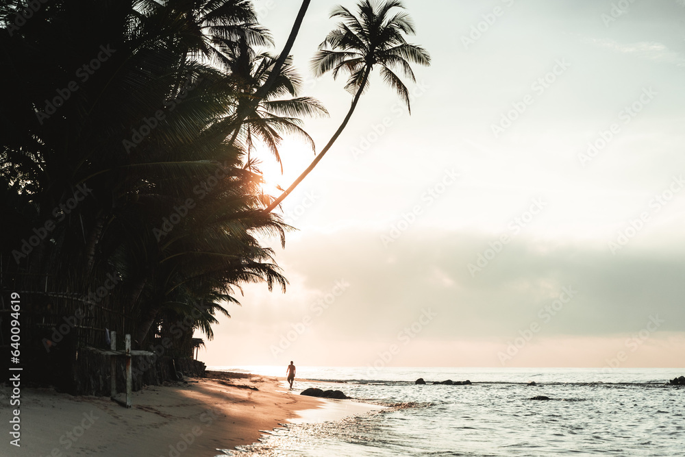 Sunrise with palm trees and silhouette of a person on Sri Lanka beach