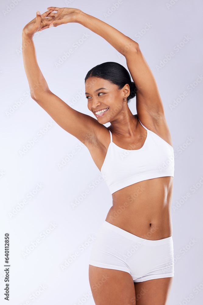 Skincare, health and woman in studio stretching for healthy body, wellness and exercise results. Fit