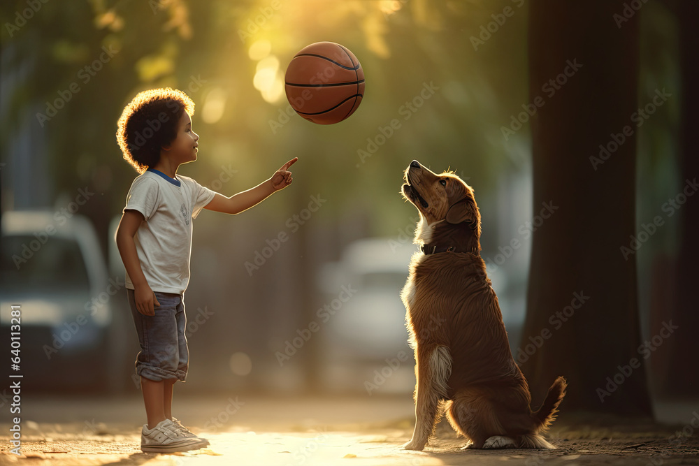 A child having fun outdoor with dog and basketball ball. Generative Ai