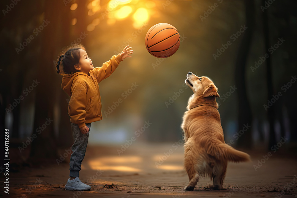 A child having fun outdoor with dog and basketball ball. Generative Ai