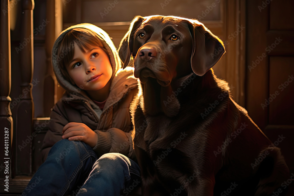 A child with a labrador at home. Generative Ai