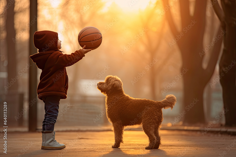 A child having fun outdoor with dog and basketball ball. Generative Ai