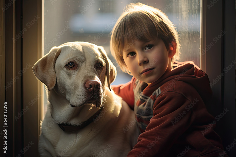 A child with a labrador at home. Generative Ai