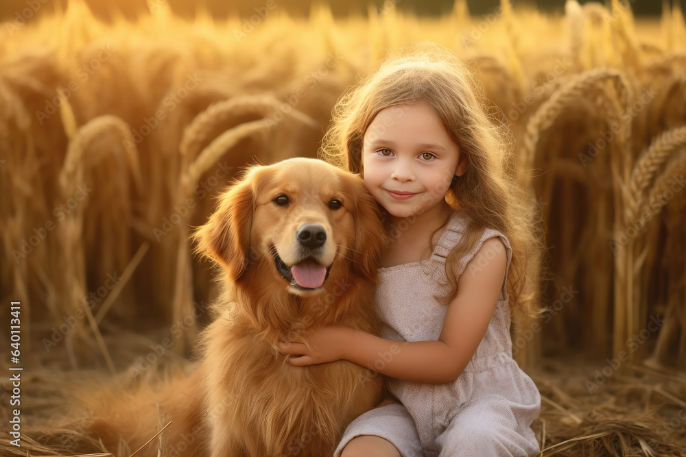 A Little girl hugging golden dog in the field in summer day together. Cute child with doggy pet port