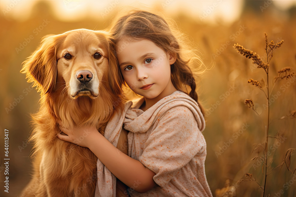 A Little girl hugging golden dog in the field in summer day together. Cute child with doggy pet port