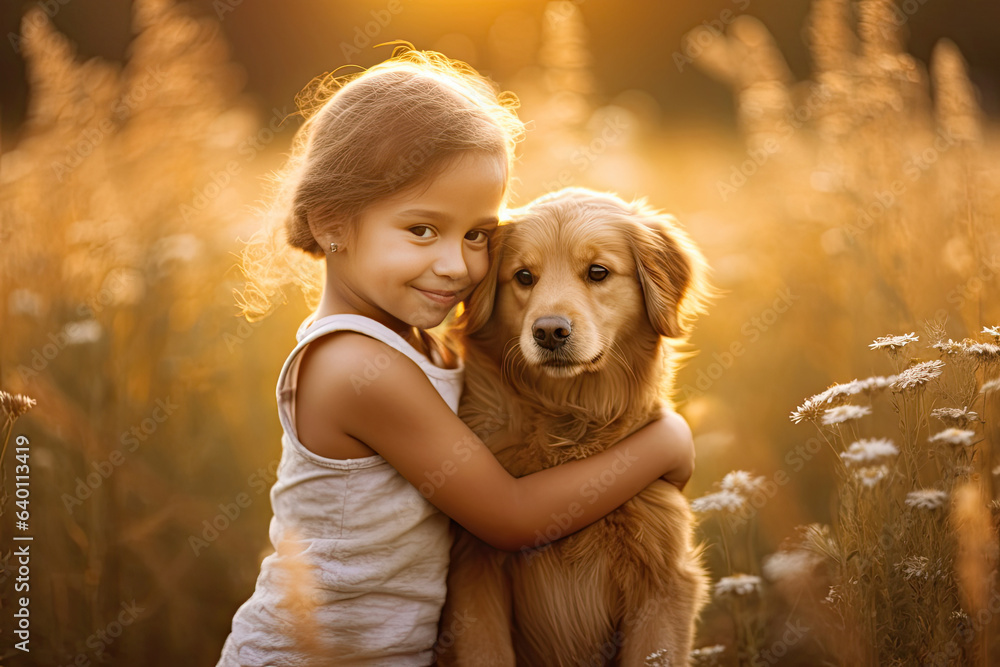 A Little girl hugging golden dog in the field in summer day together. Cute child with doggy pet port