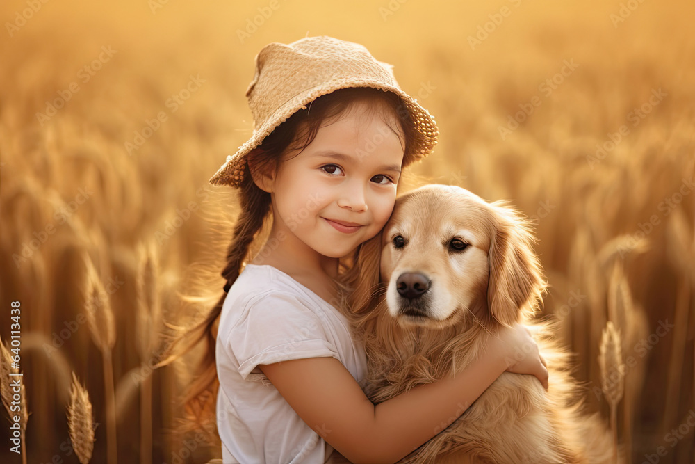 A Little girl hugging golden dog in the field in summer day together. Cute child with doggy pet port