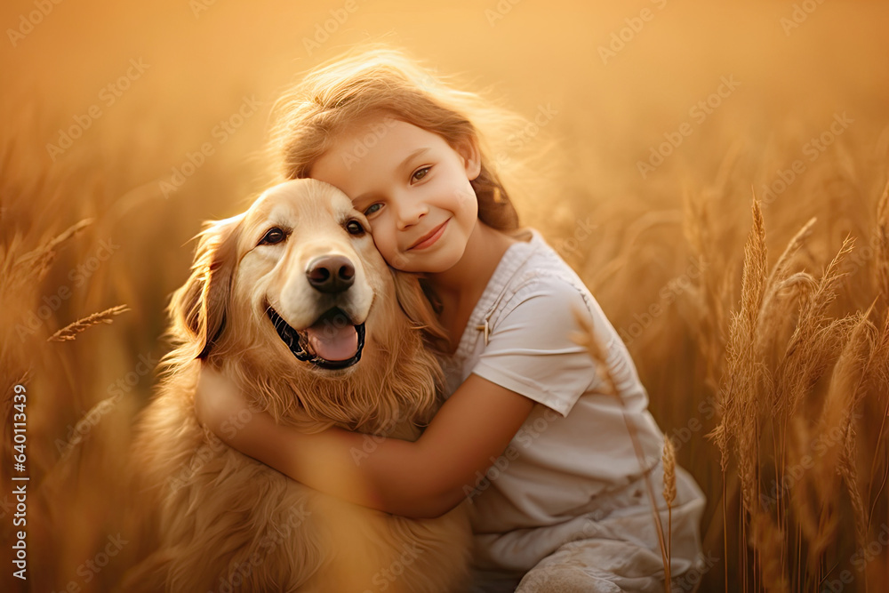 A Little girl hugging golden dog in the field in summer day together. Cute child with doggy pet port